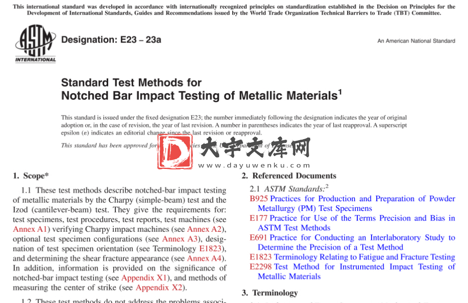 ASTM E23-23a Standard Test Methods For Notched Bar Impact Testing Of me<x>tallic Materials 金属材料的缺口棒冲击试验的标准试验方法